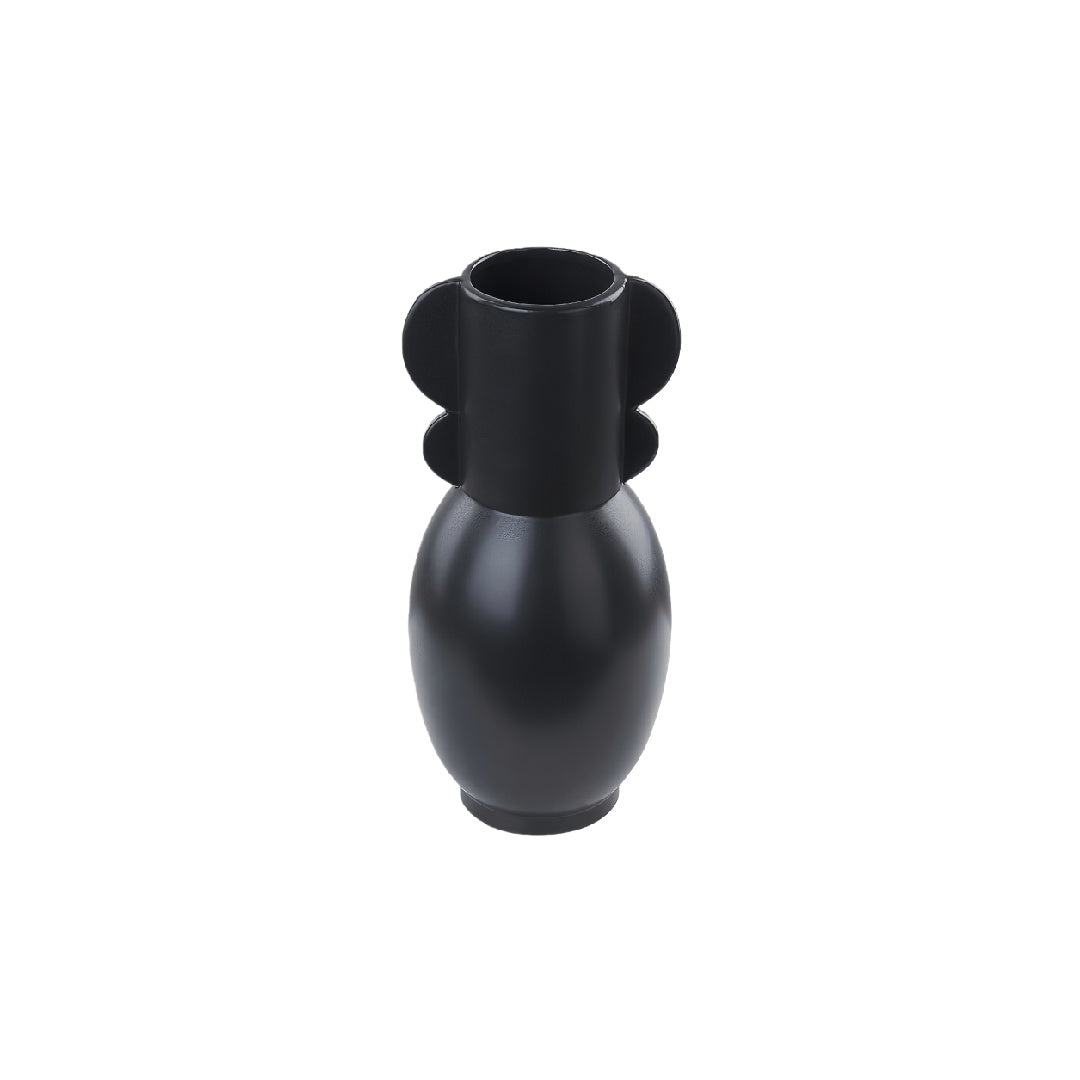 Modern Matte Black Ceramic Totem Vase with Ear Handles - 11 inch Sculptural Bud Vase