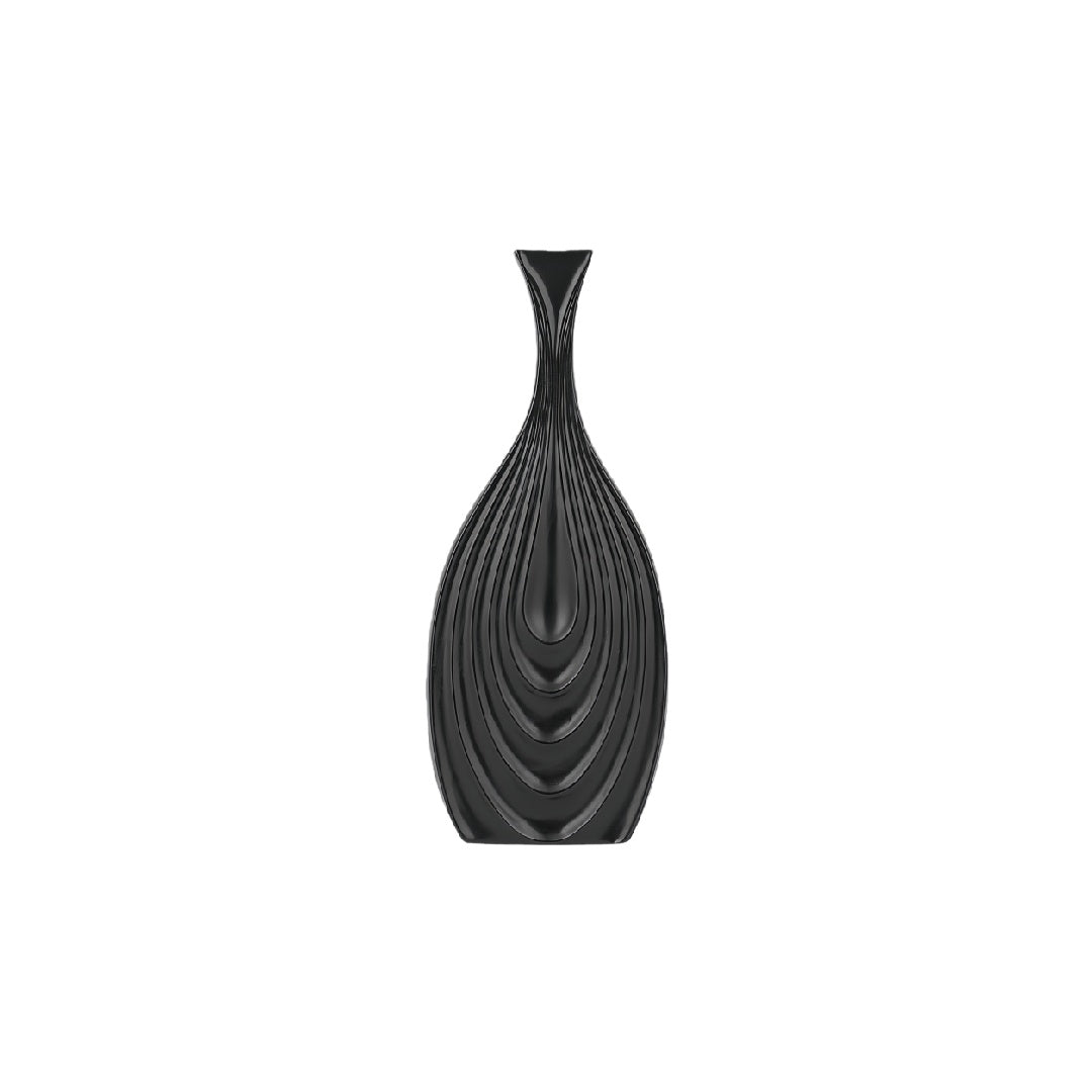 Modern Matte Black Ceramic Teardrop Vase with Concentric Ribbed Pattern - 14 inch Sculptural Vase