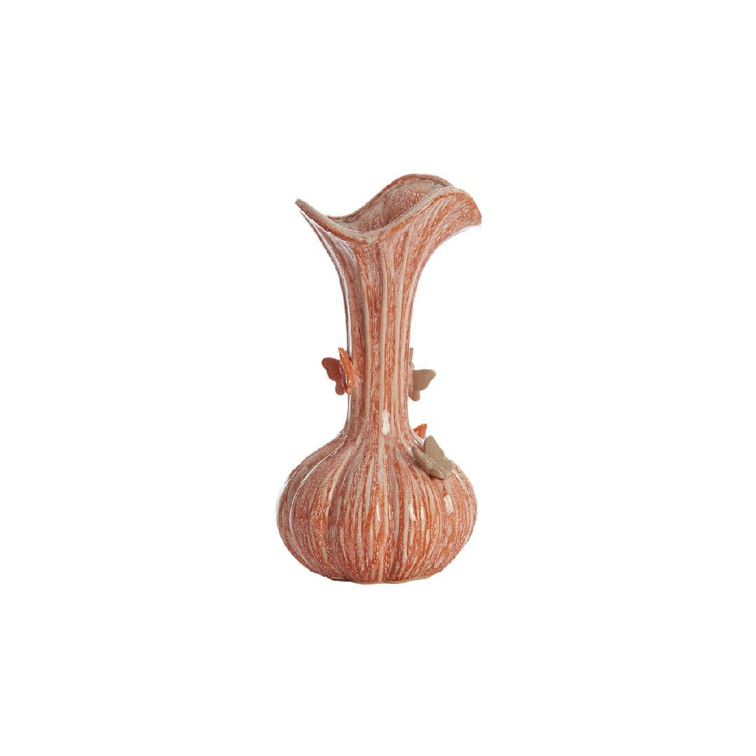 Hand-Glazed Butterfly Relief Ceramic Vase - 11-inch Terracotta Sculptural Bud Vase