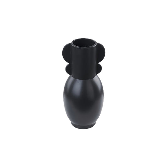 Modern Matte Black Ceramic Totem Vase with Ear Handles - 11 inch Sculptural Bud Vase