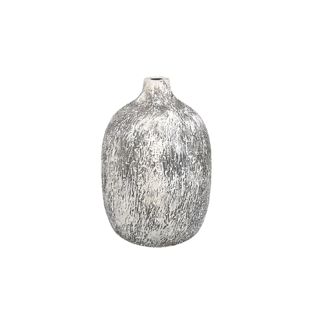 Modern Distressed White and Grey Ceramic Balloon Vase - 11 inch Textured Stoneware Decorative Vase